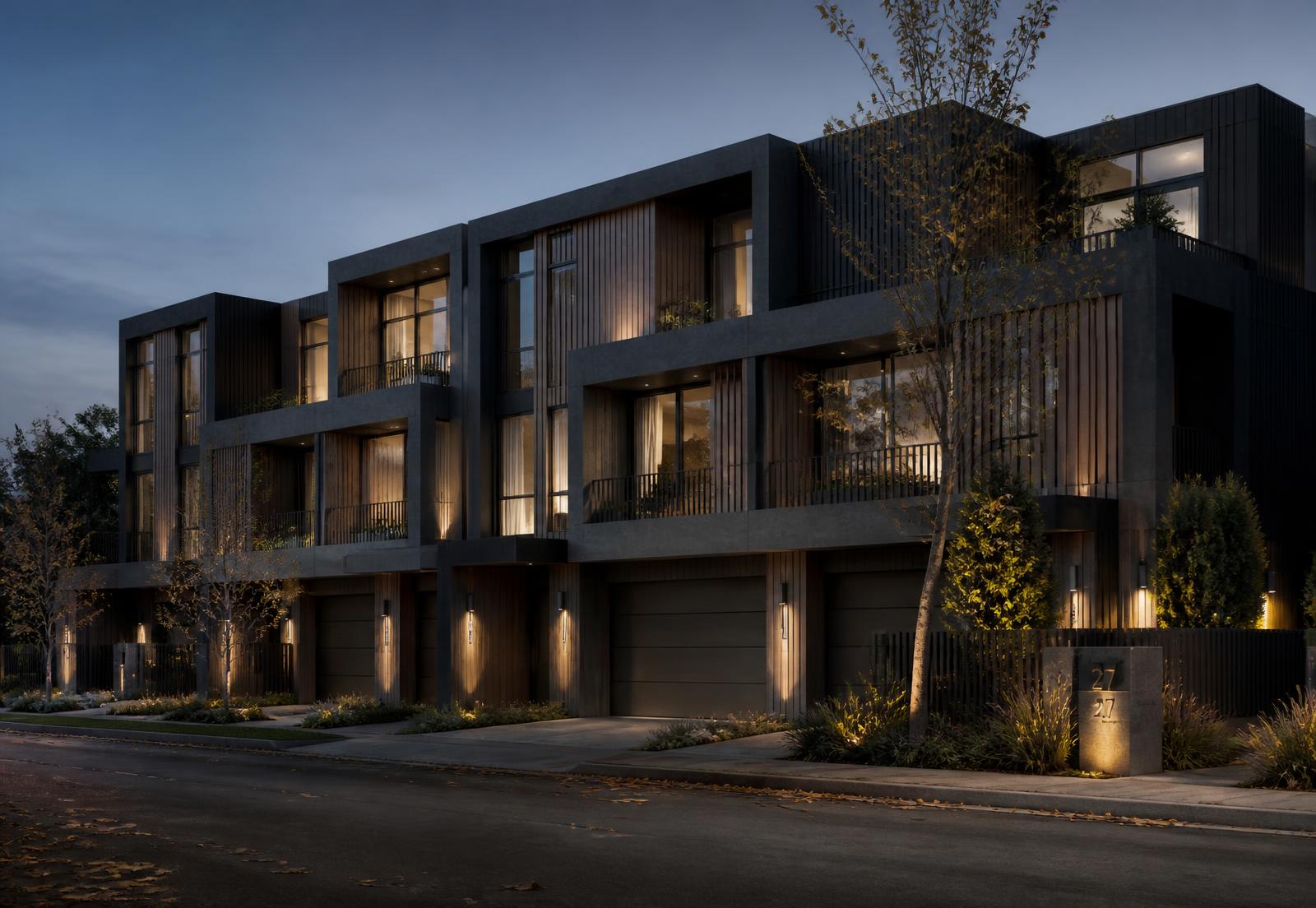 Modern townhome development at dusk